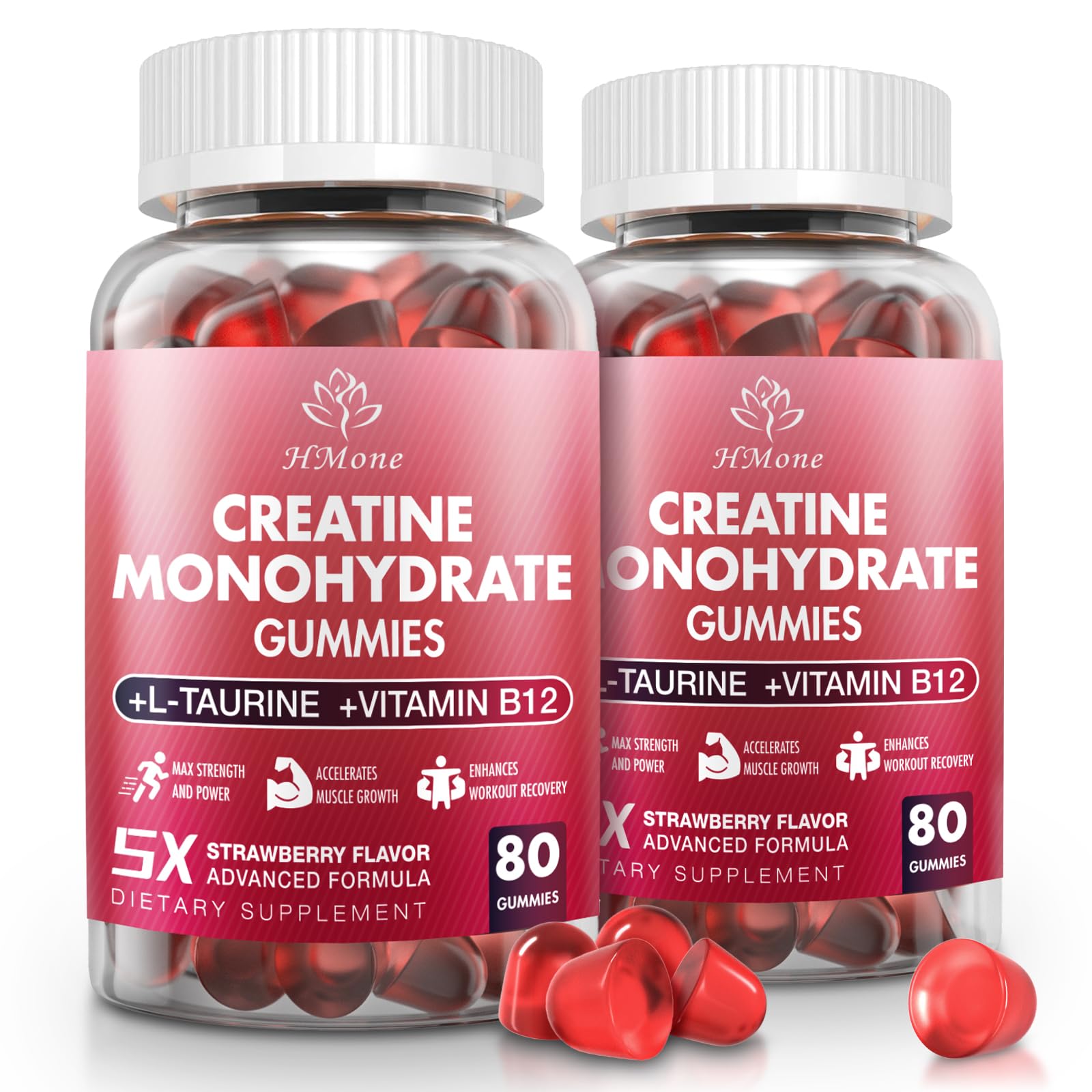 HMone Creatine Monohydrate Gummies strawberry bottle ready for daily workouts.