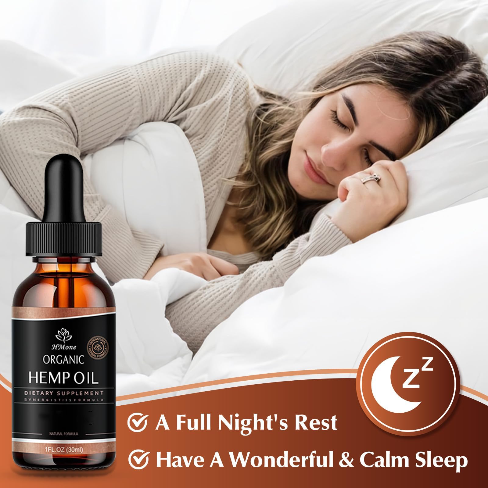HMone Hemp Oil glass bottle shows pure CO2-extracted oil.