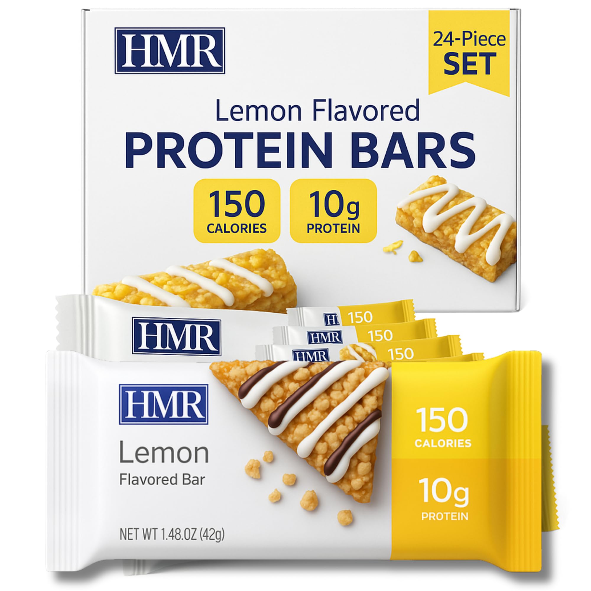 HMR Lemon Protein Bar package showing a 160-calorie, weight-friendly snack.