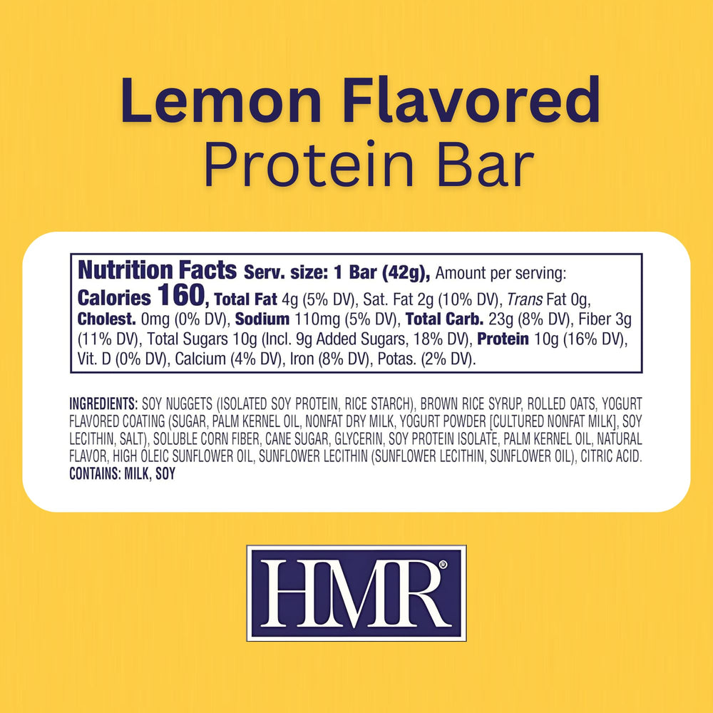 HMR Lemon Protein Bar wrap with yogurt drizzle signaling a tasty high-protein treat.