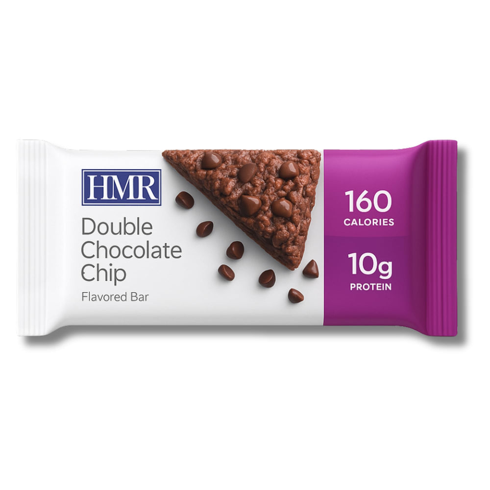 Double Chocolate Chip HMR Bar close-up showing chocolate drizzle.