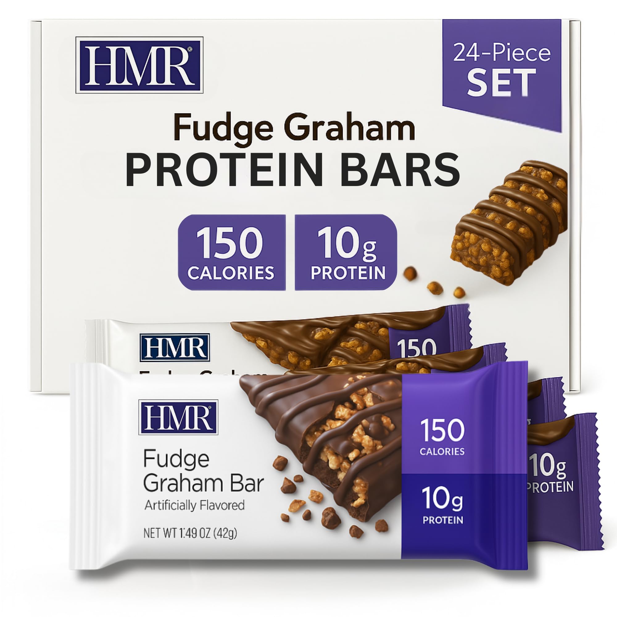 HMR Fudge Graham Protein Bar close-up showing chewy texture and drizzle
