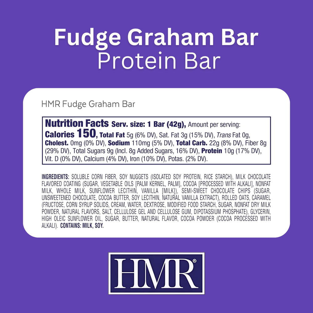 HMR Fudge Graham Protein Bar pack front highlighting 24-count bulk box for easy snacking