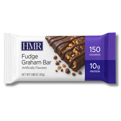 HMR Fudge Graham Protein Bar with drizzle topping highlights indulgent flavor