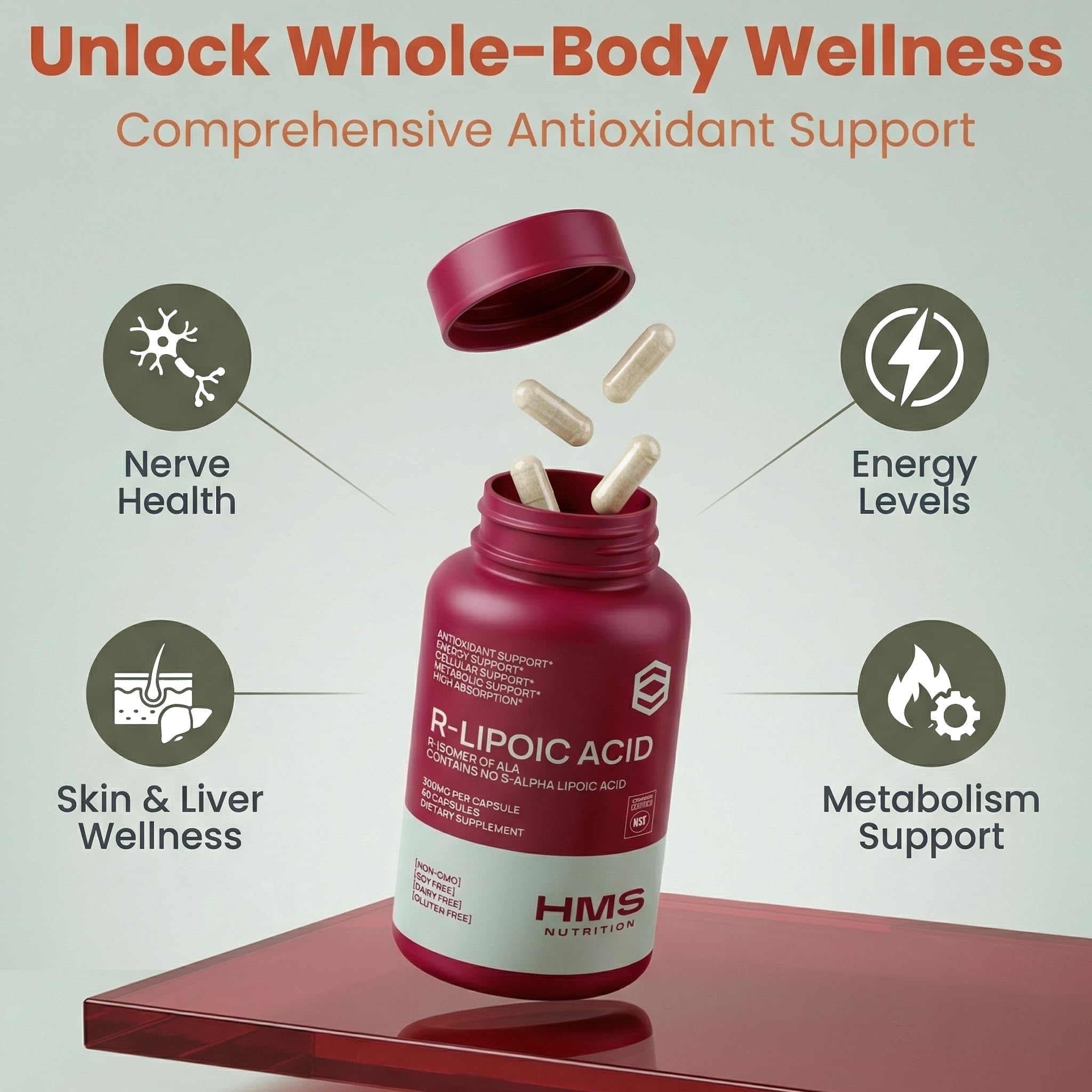 HMS Nutrition easy to swallow capsules arranged in a row