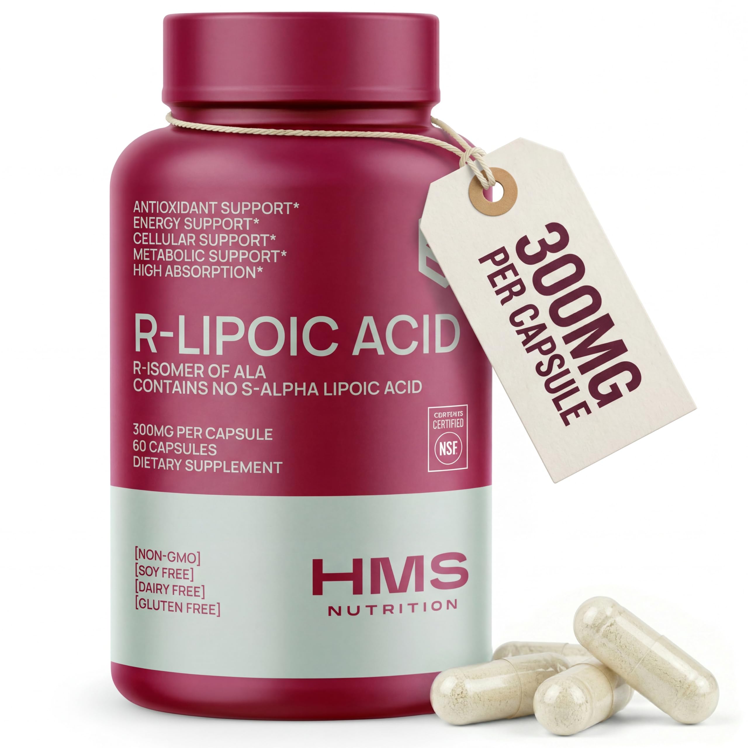 HMS Nutrition Stabilized R-ALA 300 mg bottle on a clean background for daily nerve and metabolism support