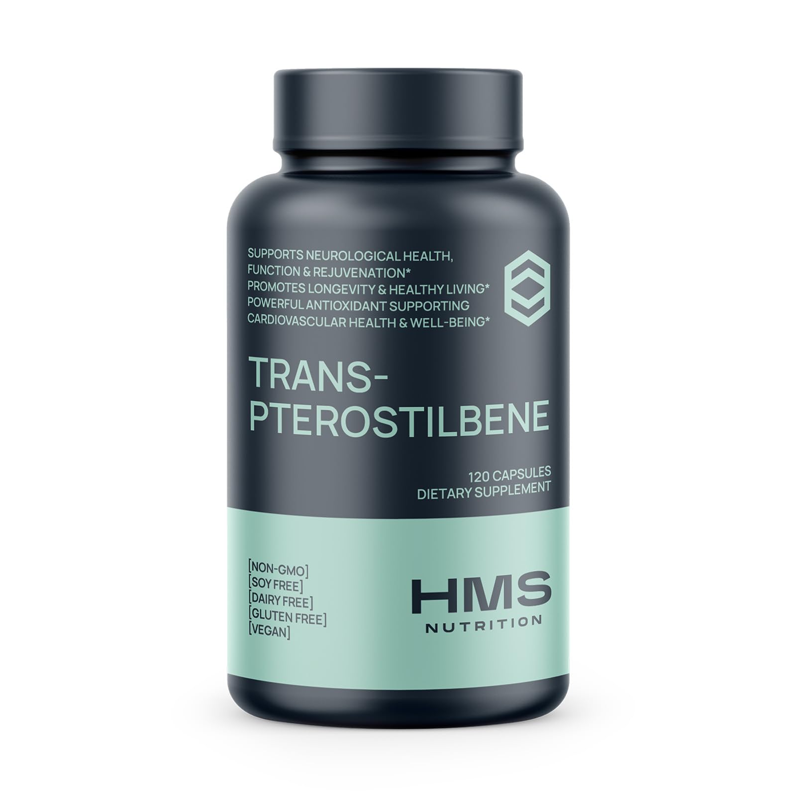 HMS Nutrition Trans-Pterostilbene 200 mg bottle supporting healthy aging