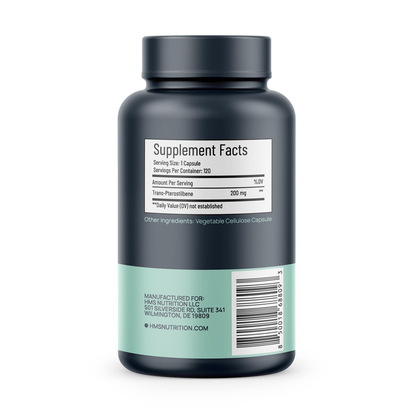 Close-up of Trans-Pterostilbene 200 mg label on HMS Nutrition bottle