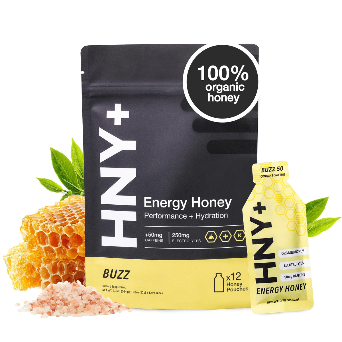 HNY+ Buzz Energy Gel pack open shows honey gel ready for quick fuel