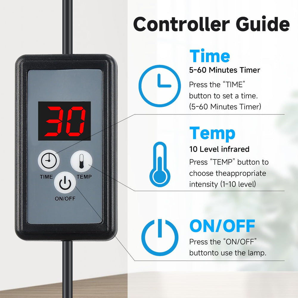 Hoakya infrared heat lamp timer settings for customizable sessions.