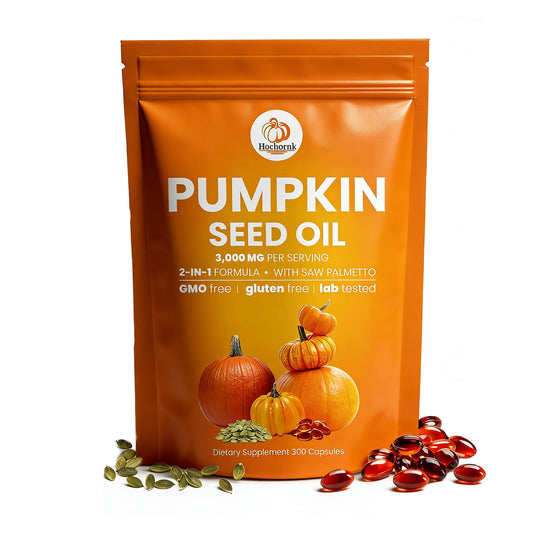 Hochornk pumpkin seed oil capsules bottle close-up, premium softgels for daily wellness.