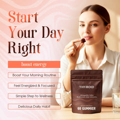 Hochornk Thyroid Gummies bottle label closeup highlighting iodine and selenium benefits.