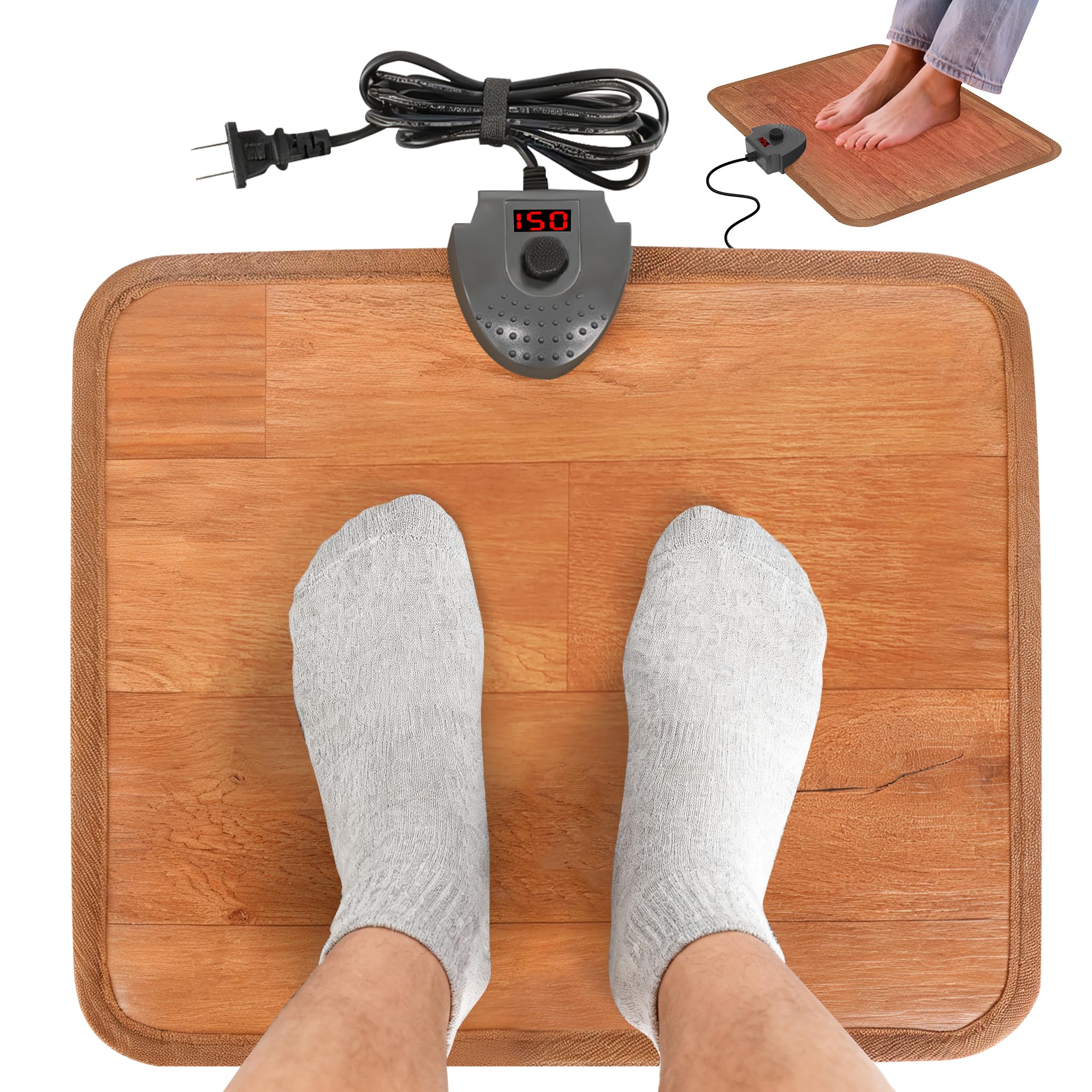 Hodeamy heated floor mat under desk on wood grain for warm feet during long workdays.