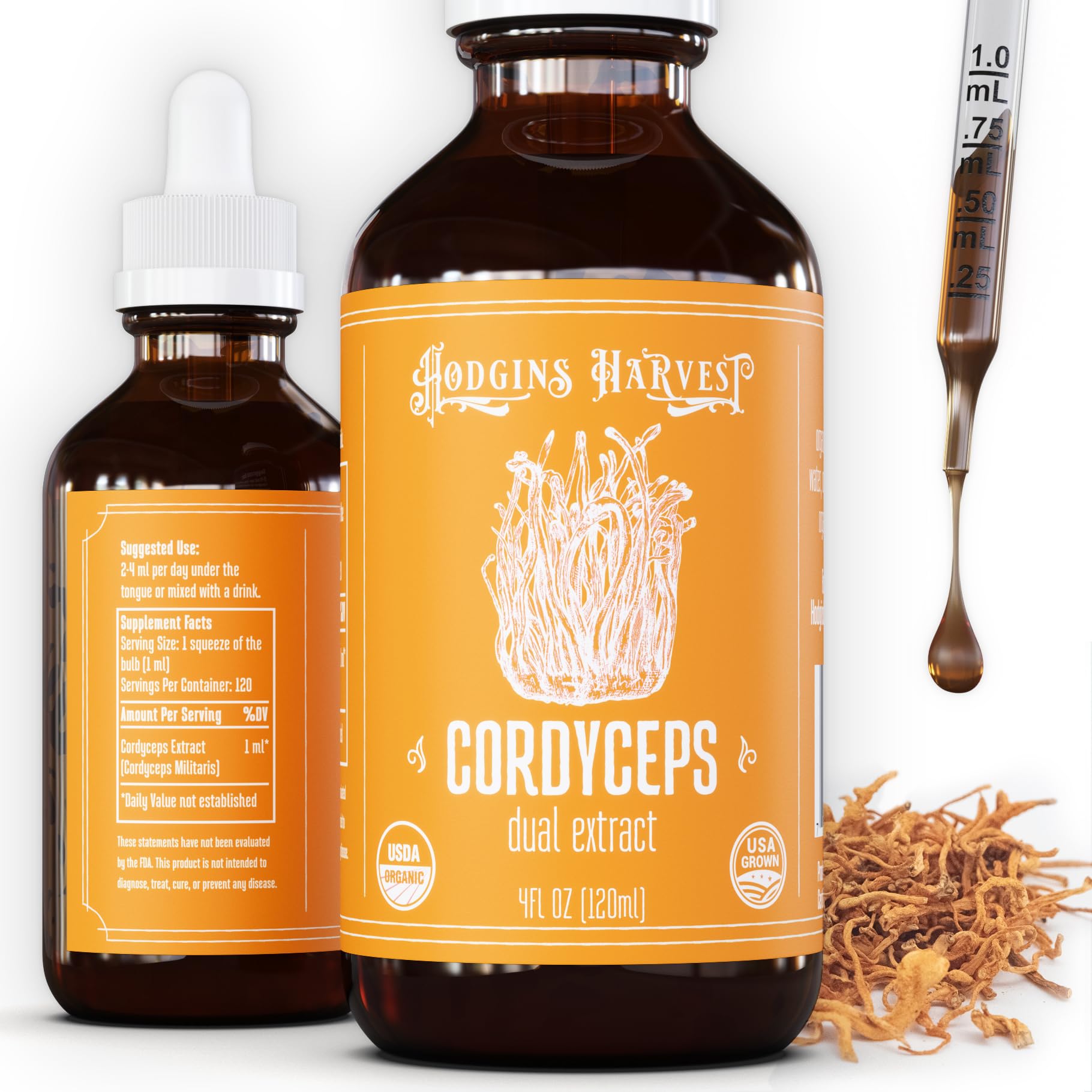 Hodgins Harvest cordyceps tincture bottle shows purity and potency for daily use