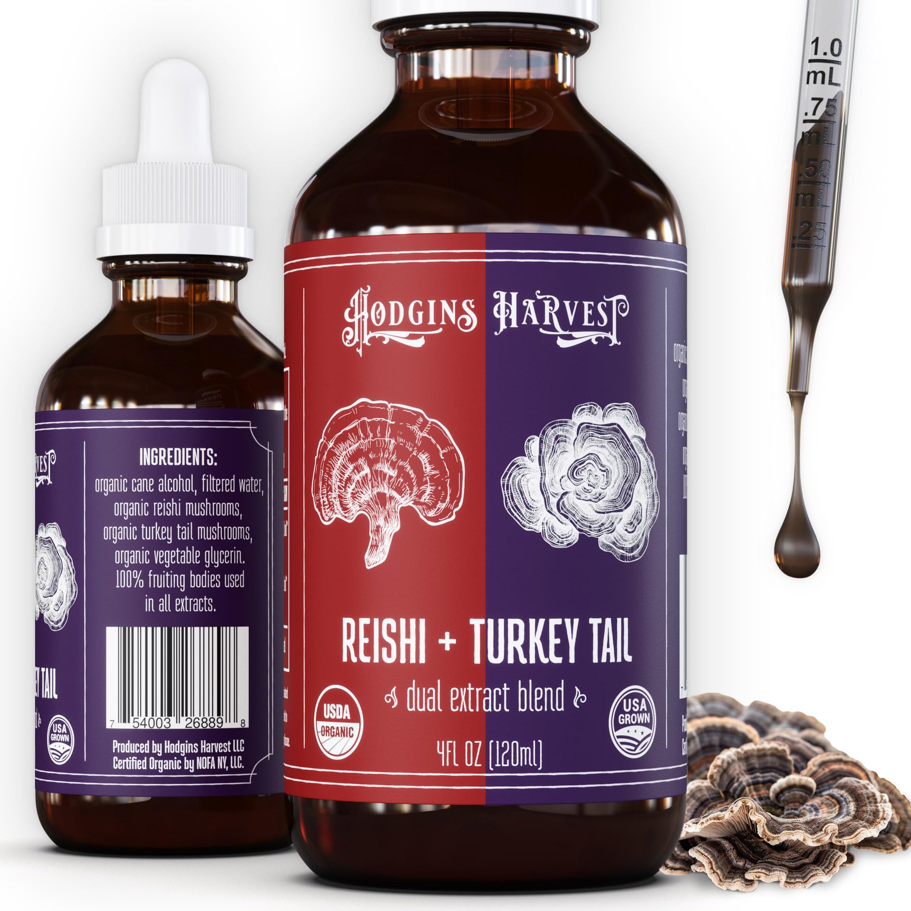 Hodgins Harvest Reishi plus Turkey Tail tincture bottle shows farm-to-table quality