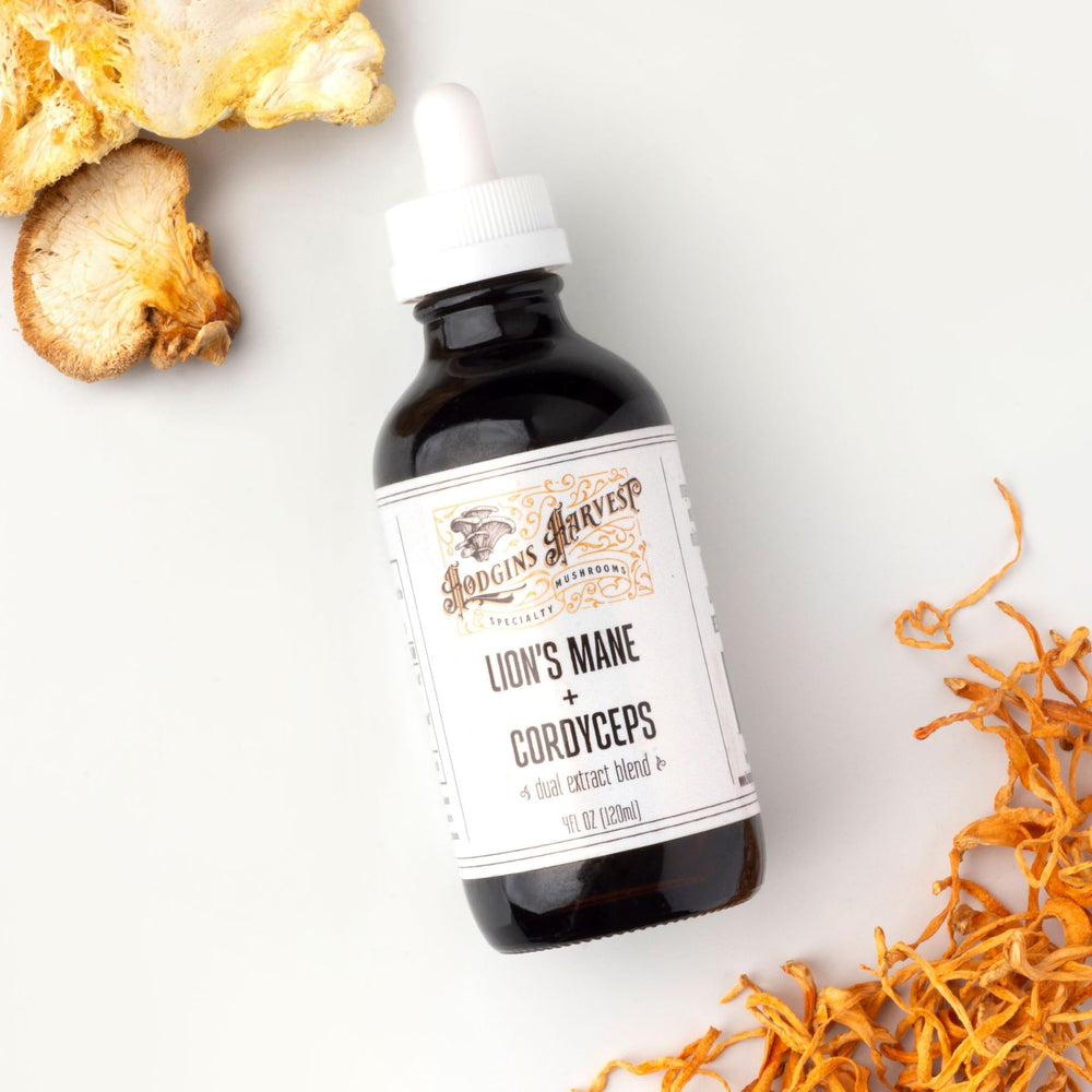 Hodgins Harvest tincture bottle with dropper, ready to dose
