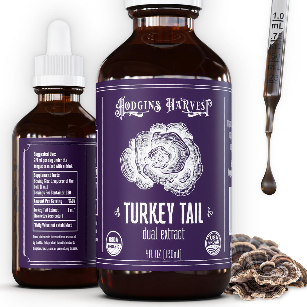 Hodgins Harvest turkey tail tincture bottle with clear label for daily wellness