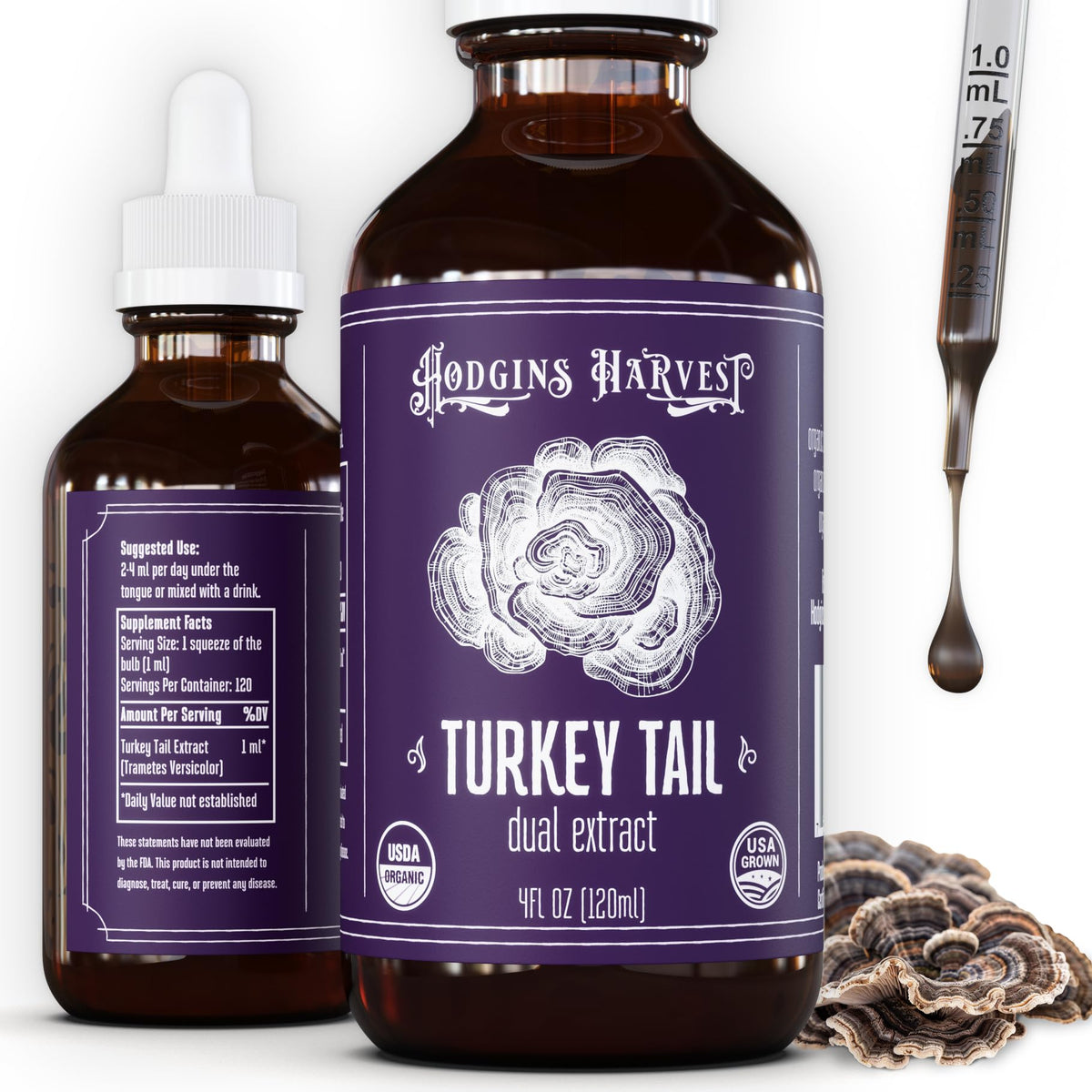 Hodgins Harvest turkey tail tincture bottle with clear label for daily wellness