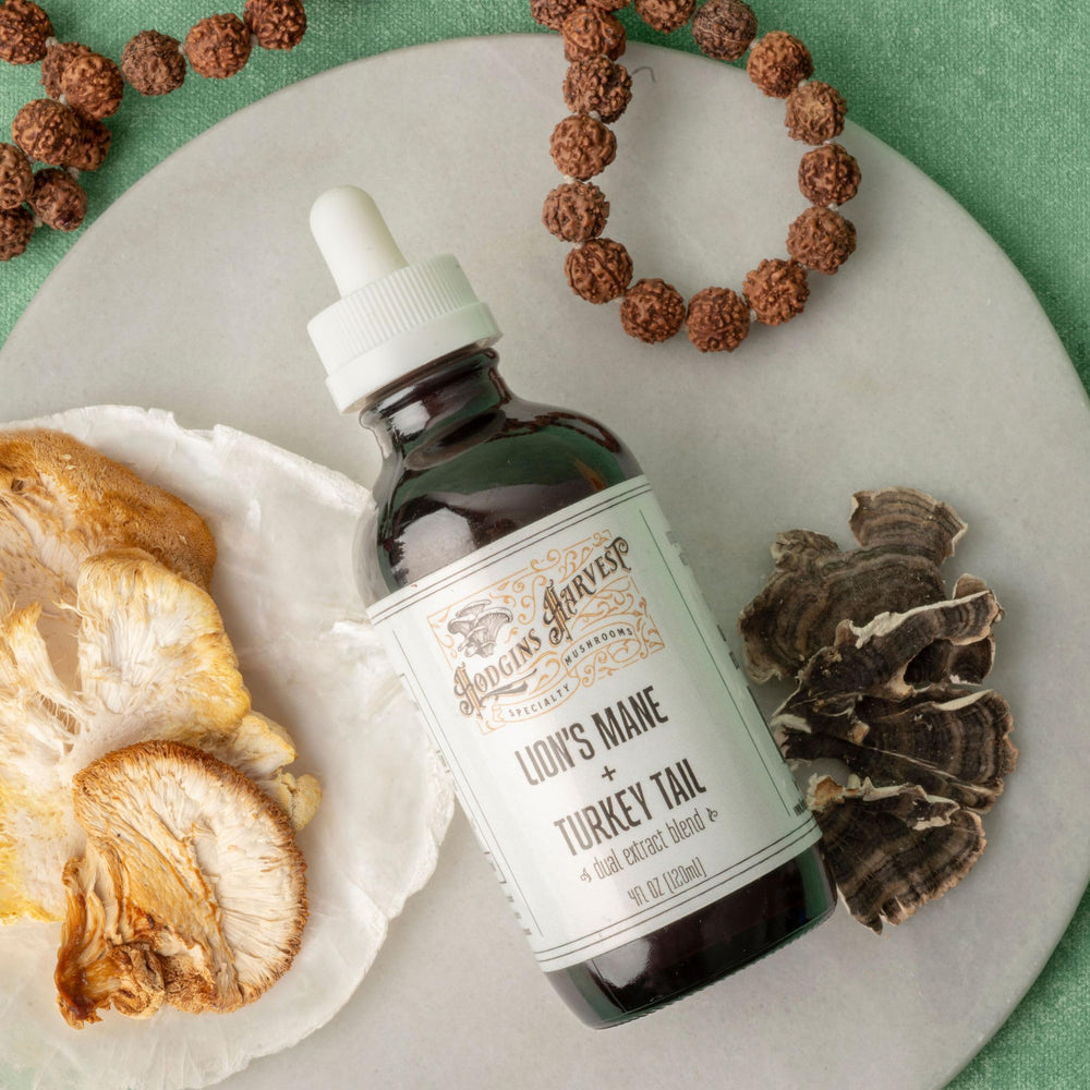 Hodgins Harvest USA-grown mushrooms bottle close-up emphasizing organic origin
