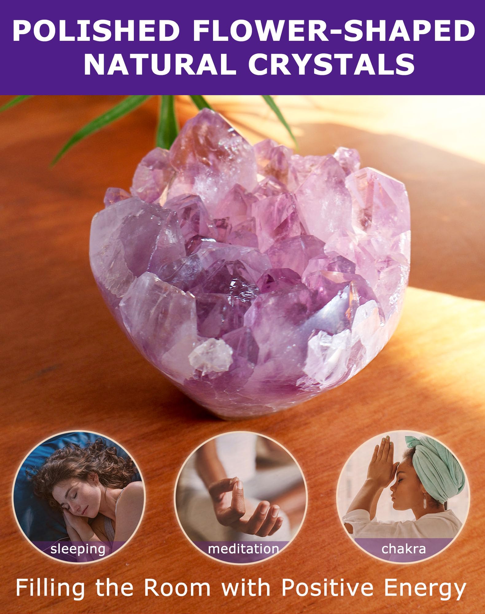 HoHpHq amethyst cake crystal enhances table centerpiece.