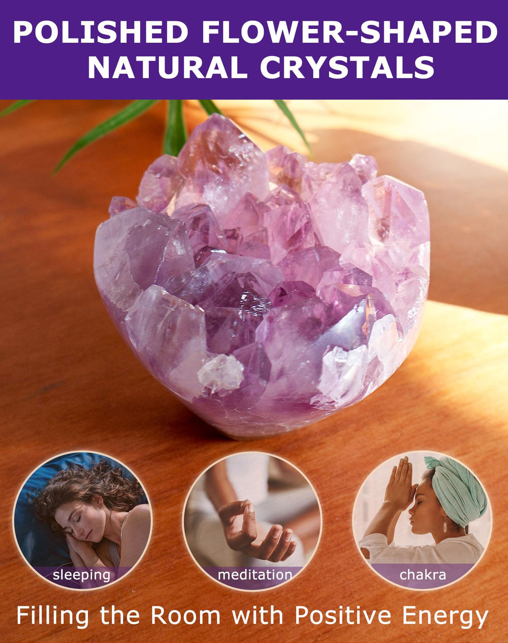 HoHpHq amethyst cake crystal enhances table centerpiece.