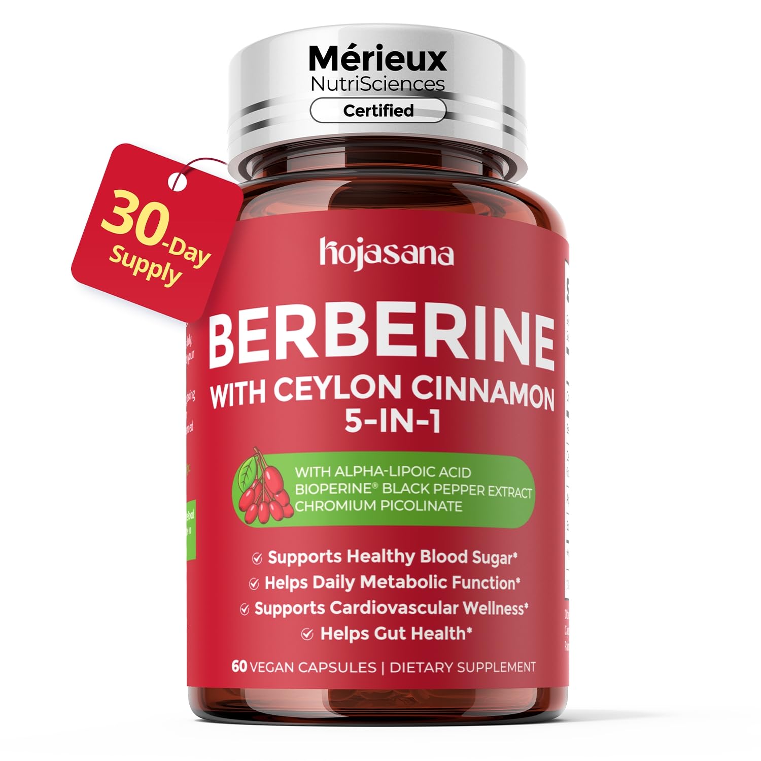 HojaSana Berberine 1600mg bottle label visible for daily balance and easy dosing.