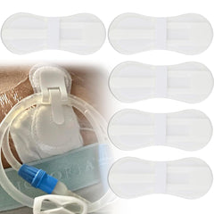 Hola Health low-profile G-tube holder secured on the stomach for discreet stabilization.