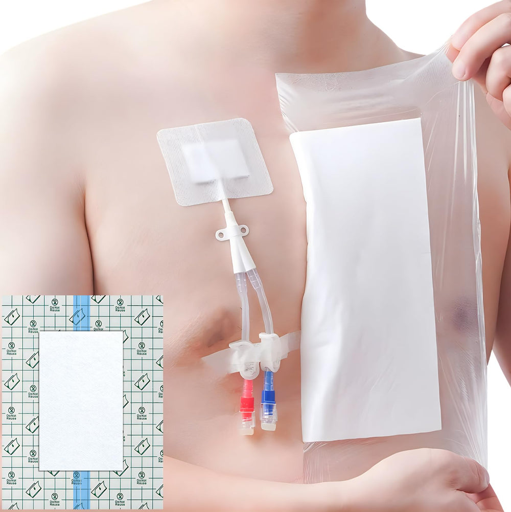 Hola Health shower cover protects dialysis port during shower.