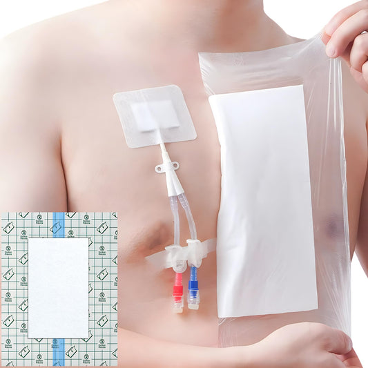 Hola Health shower cover protects dialysis port during shower.