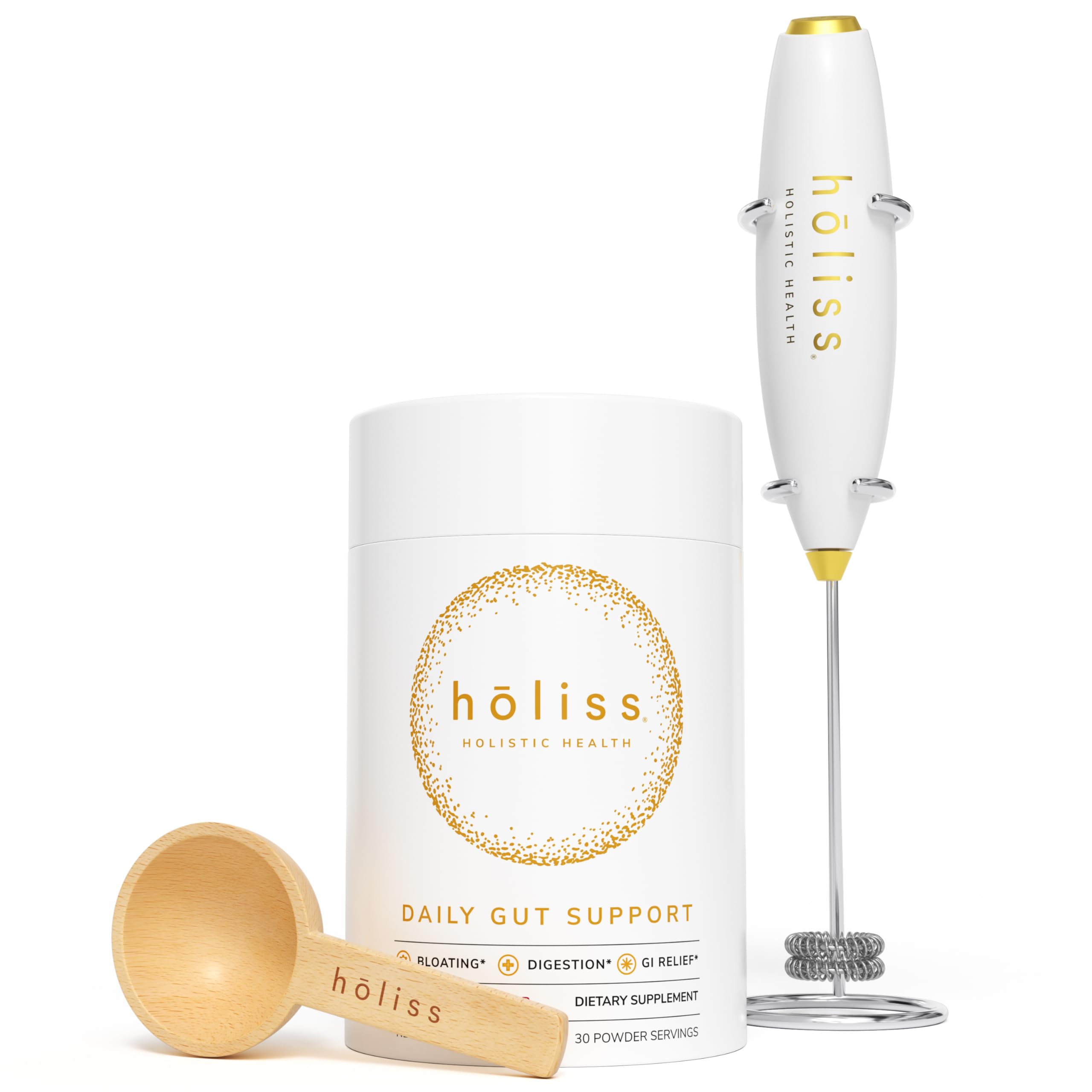 HOLISS Daily Gut Health Kit packaging shows a complete 6-in-1 solution for digestive support.