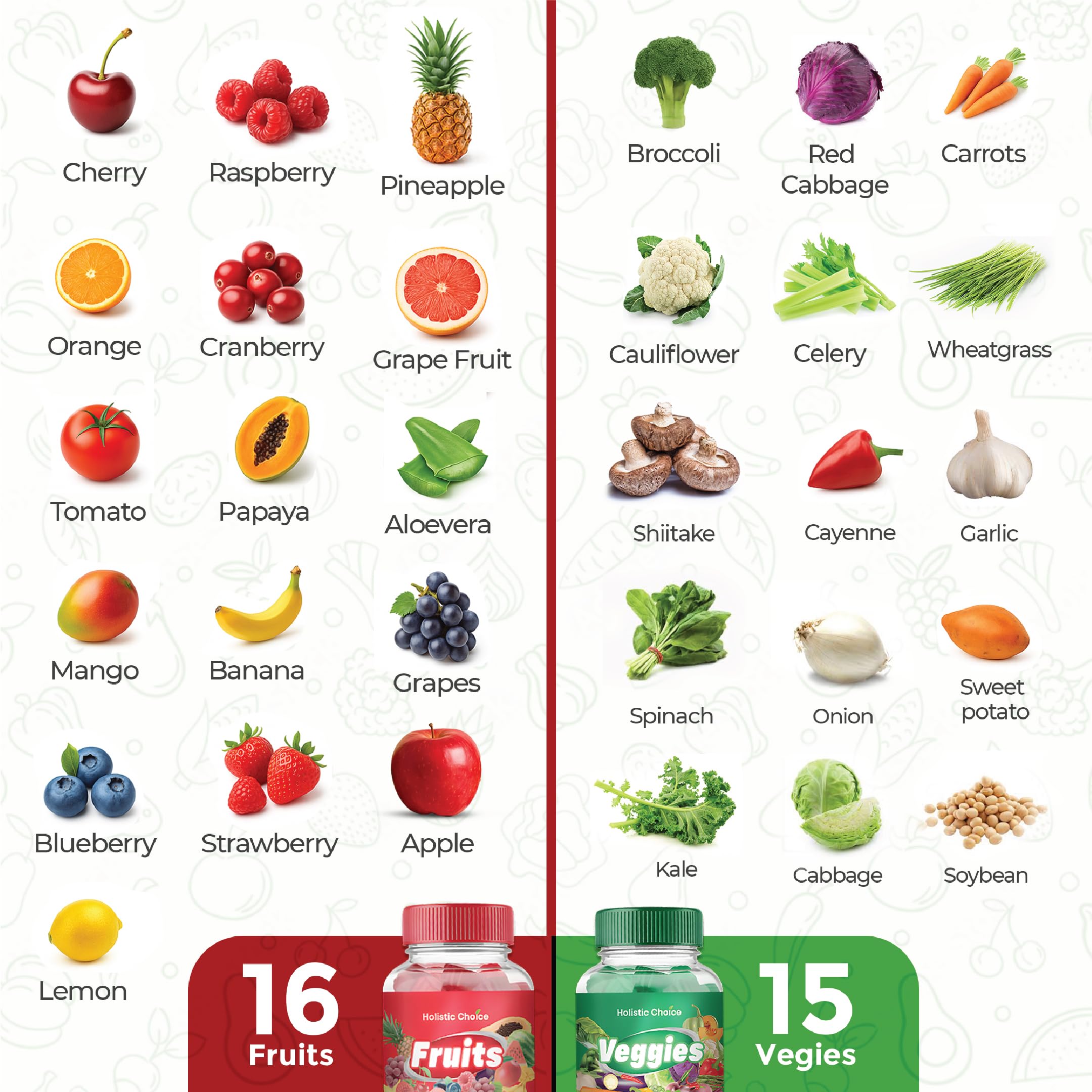 Holistic Choice Dual Pack close-up illustrates fruit and veggie bottles for convenience