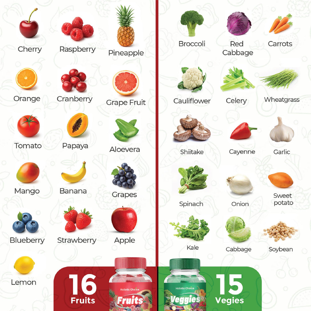 Holistic Choice Dual Pack close-up illustrates fruit and veggie bottles for convenience
