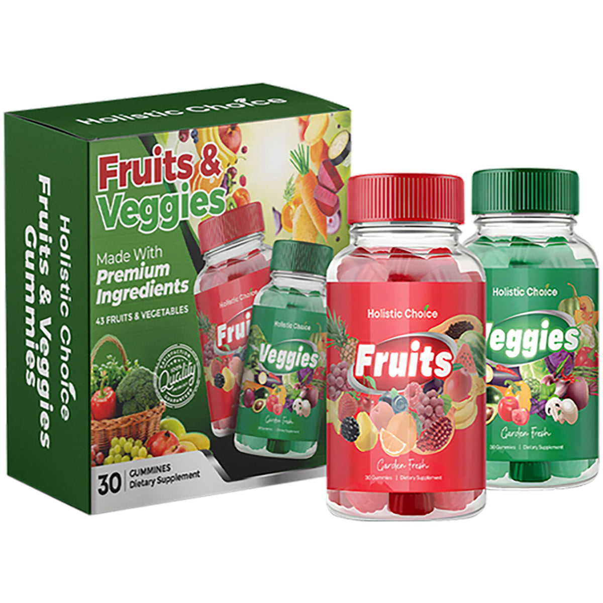 Holistic Choice Fruits Gummies bottle close-up with berry flavors and real fruit ingredients
