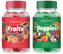 Holistic Choice Veggies Gummies bottle close-up showing garden flavors for daily nutrition