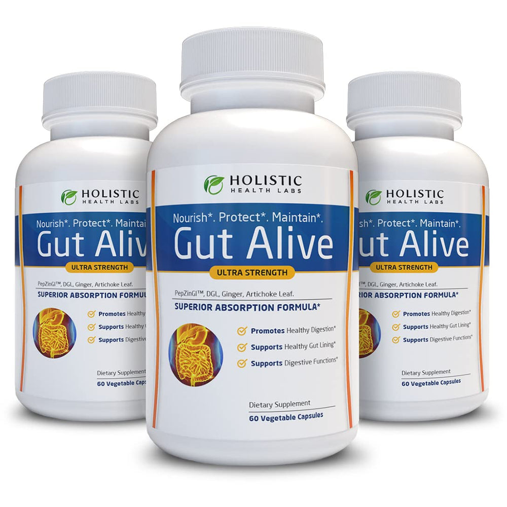 Holistic Health Labs Gut Alive bottle front showing natural digestive support packaging