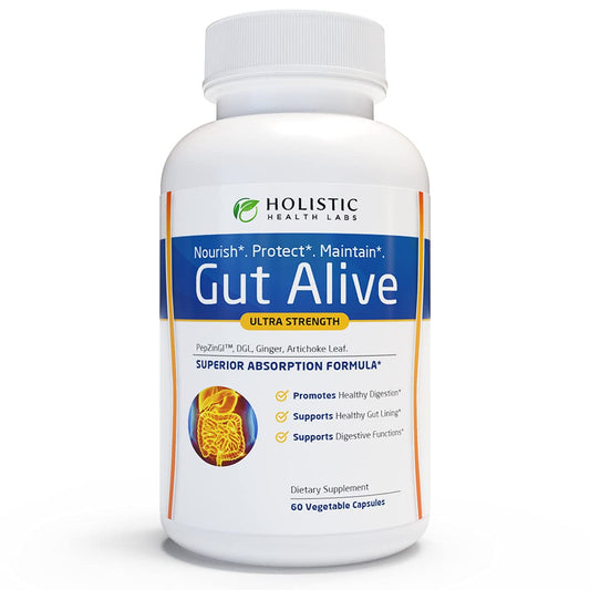 Holistic Health Labs Gut Alive bottle front showing natural digestive support.