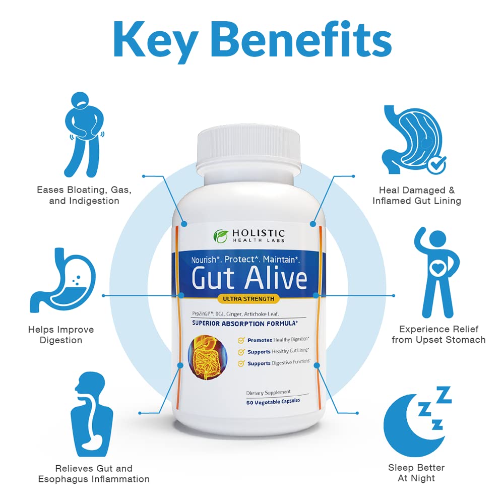 Holistic Health Labs Gut Alive packaging side view showing 60-count bottle.