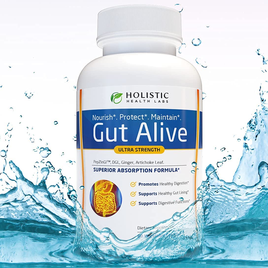 Holistic Health Labs Gut Alive tablet pours on a white surface suggesting daily use.