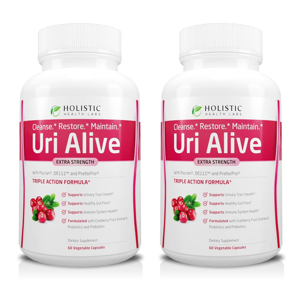 Holistic Health Labs Uri Alive bottle close-up showing capsules for urinary tract support.
