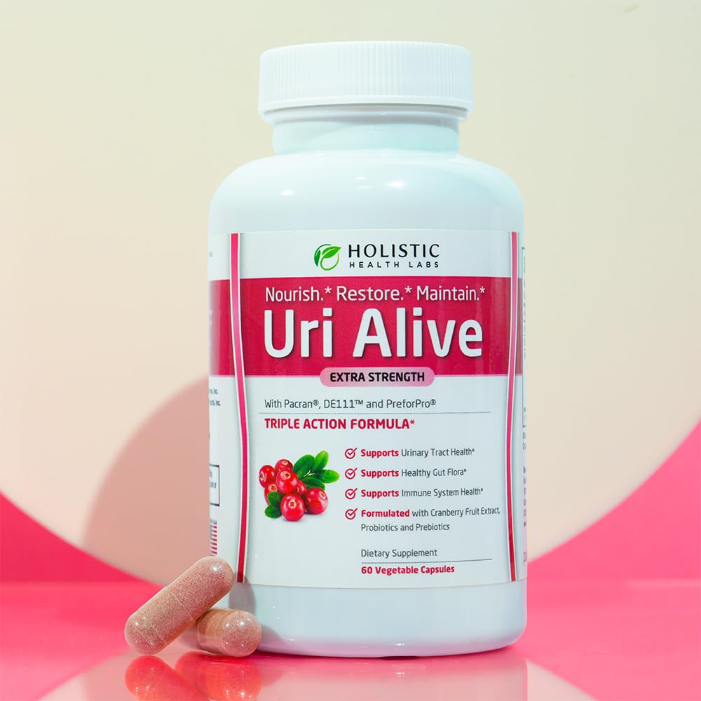 Uri Alive capsules close-up highlighting cranberry-based formula for urinary health support.
