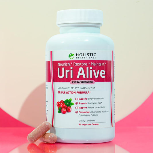 Uri Alive capsules close-up highlighting cranberry-based formula for urinary health support.
