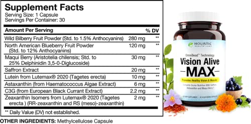 Holistic Health Labs Vision Alive Max bottle back with ingredients and dosage details.