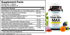 Holistic Health Labs Vision Alive Max bottle back with ingredients and dosage details.