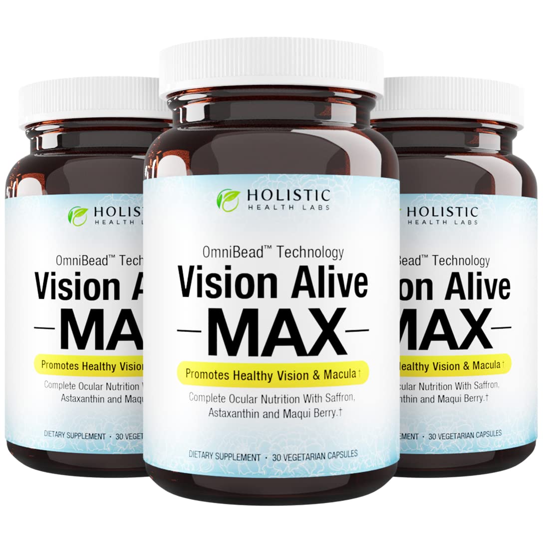 Vision Alive Max bottle by Holistic Health Labs on a clean surface, eye wellness in focus.