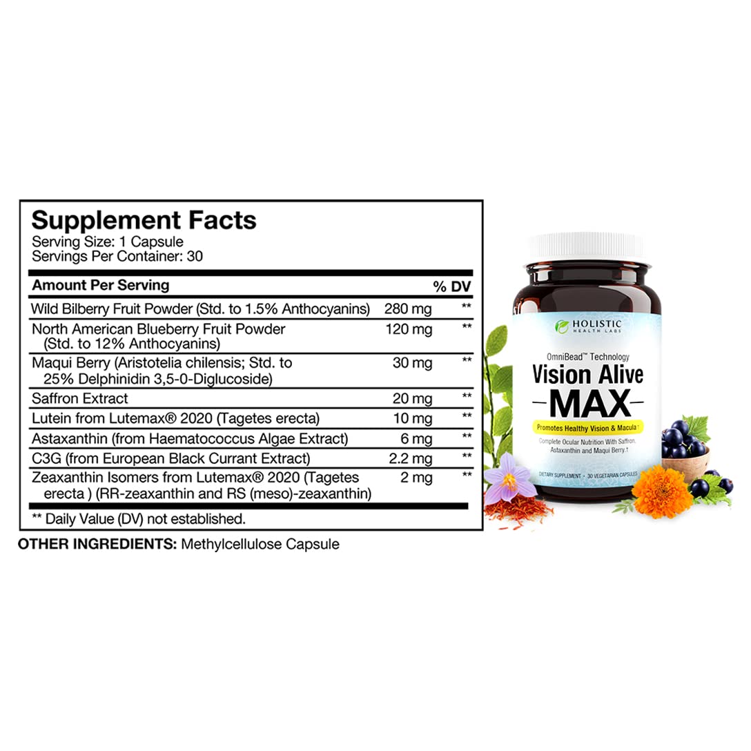 Holistic Health Labs Vision Alive Max capsules close-up, convenient daily eye support.