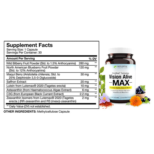 Holistic Health Labs Vision Alive Max capsules close-up, convenient daily eye support.
