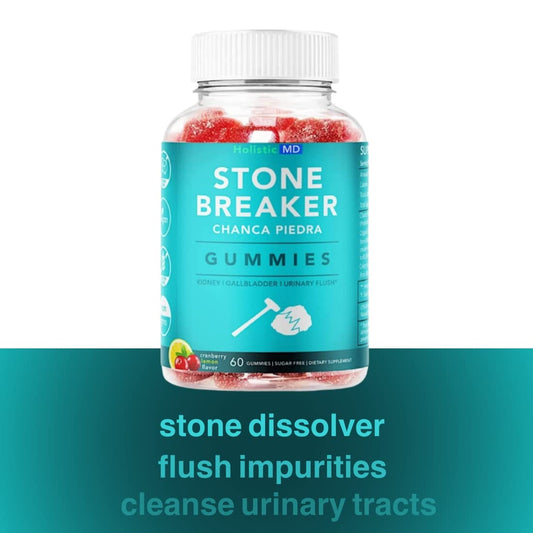 Holistic MD Stone Breaker gummies close-up highlighting strawberry flavor and fast absorption.