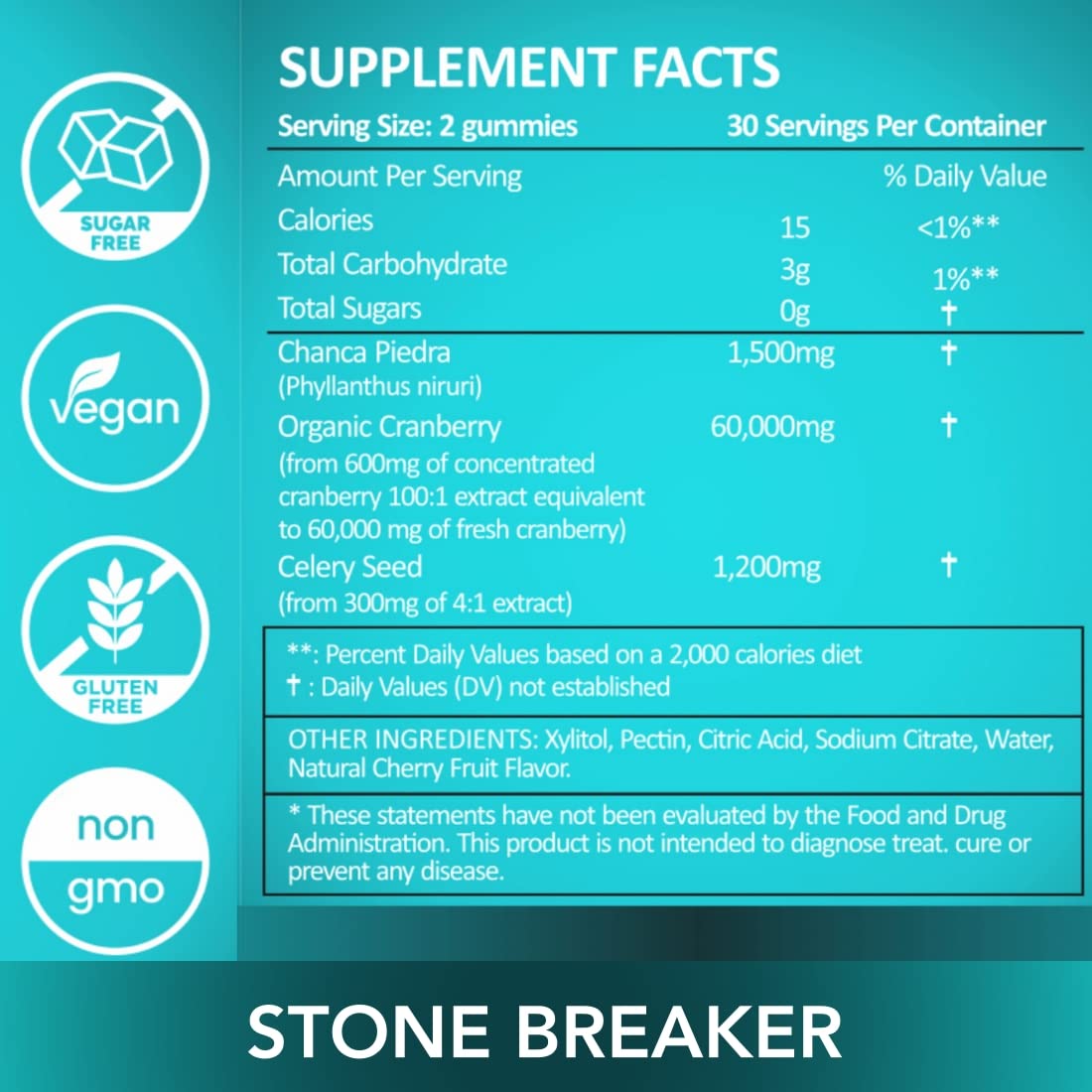 Holistic MD Stone Breaker label close-up notes ingredient quality and flax for gut comfort.