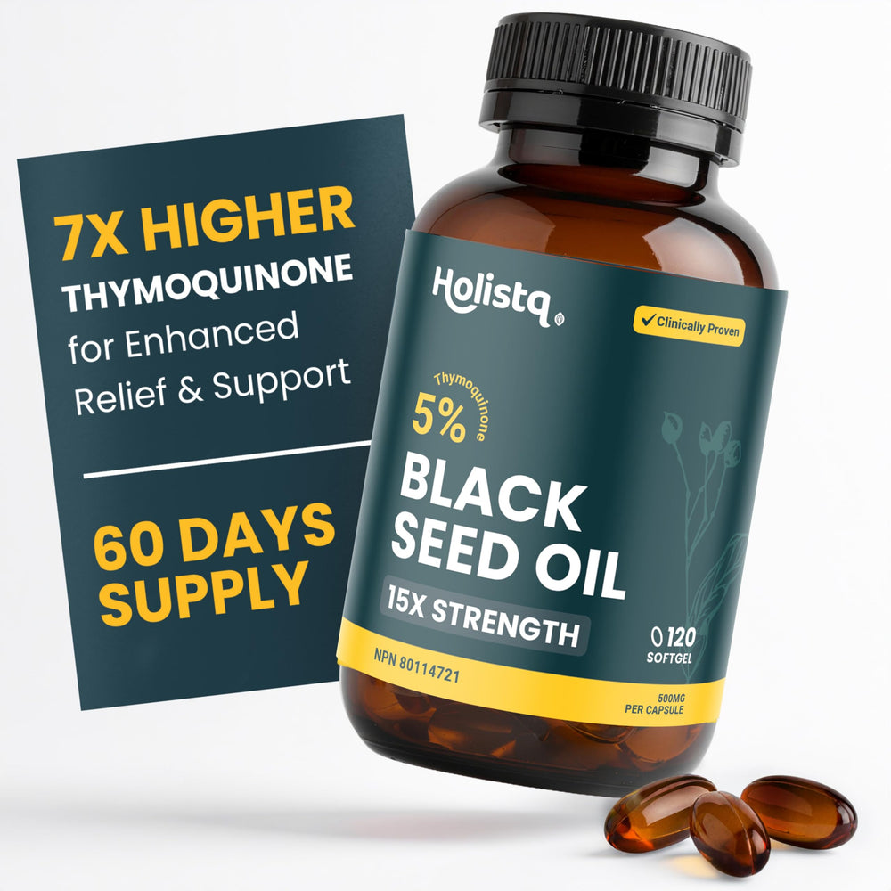 HOLISTQ bottle of black seed oil capsules highlighting 5% thymoquinone for daily immune support