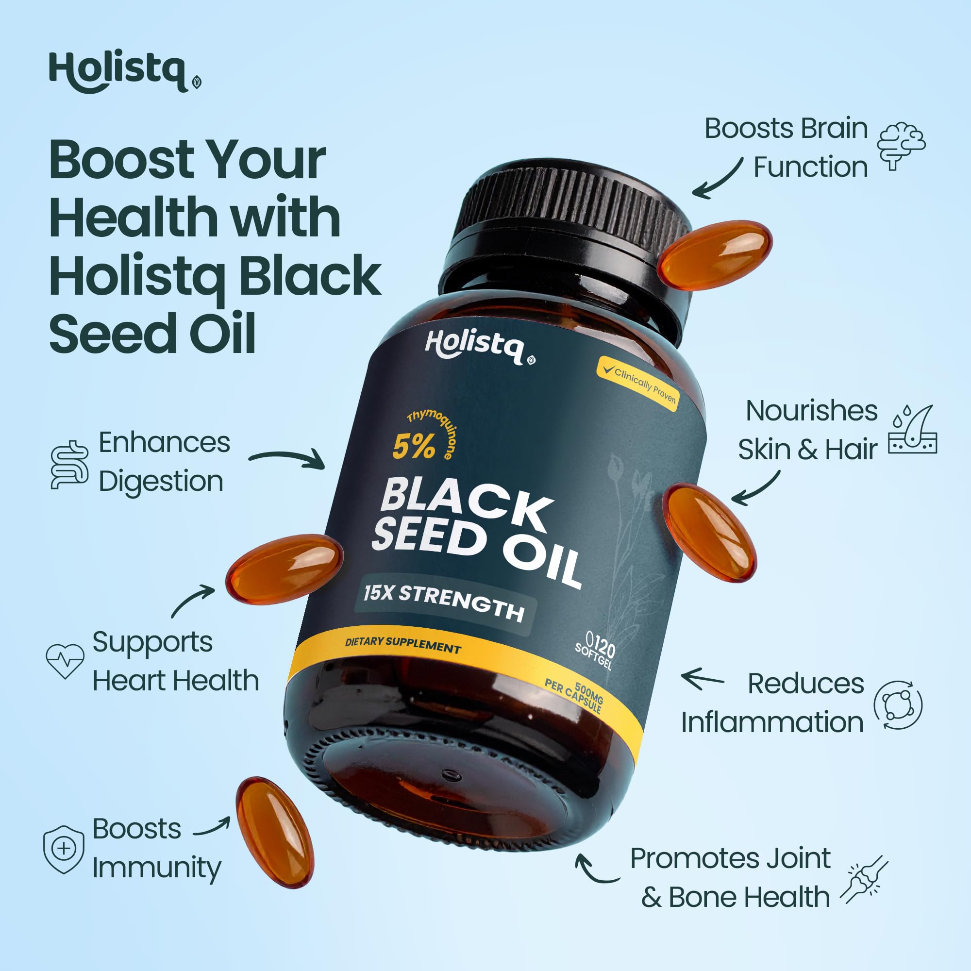 HOLISTQ bottle label detail shows organic, non-GMO vegan branding and Nigella sativa origin